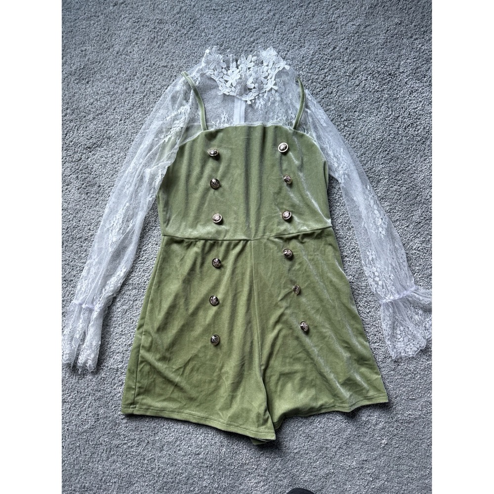 Sage Green Velvet Romper White Lace Overlay Gold Button Long‎ Sleeve M 6